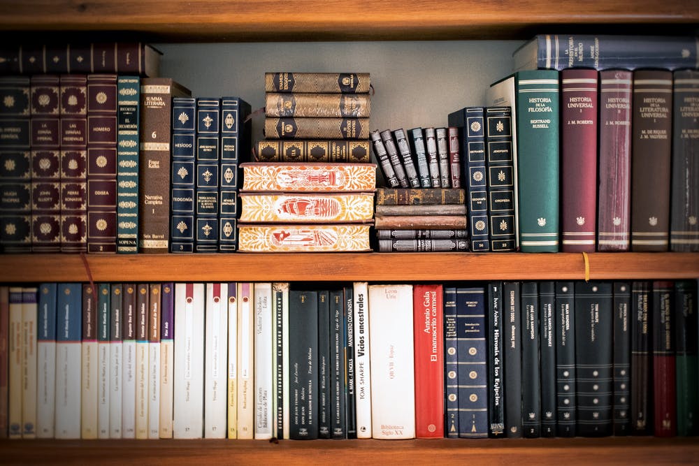 Bookshelves with a lot of books on them.