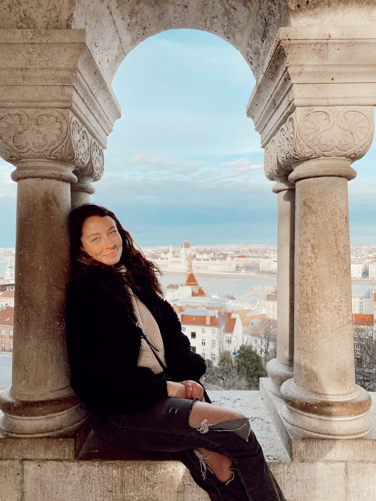 photo of me in the lookout tower of Fisherman's Bastion in Budapest